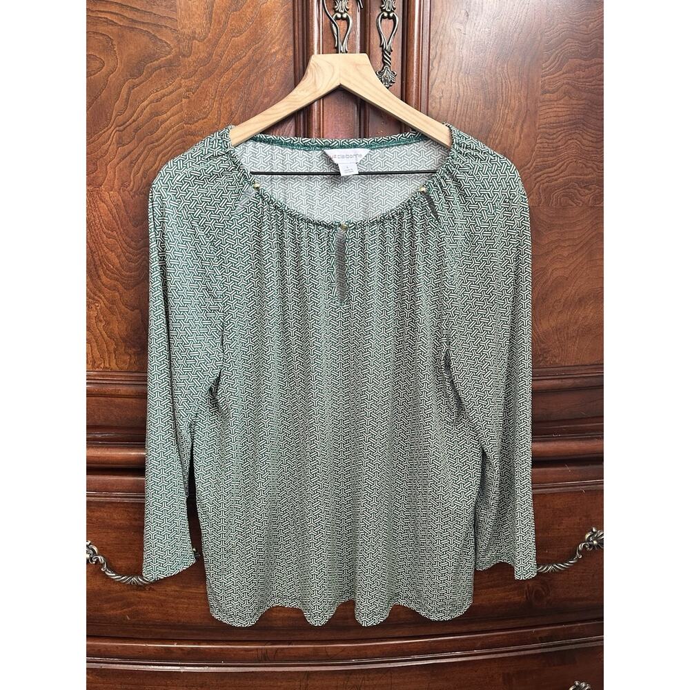 Liz Claiborne Green Geometric Knit Long Sleeve Pullover Blouse Size L